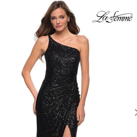NWT LA FEMME black Sequin One shoulder Gown - Picture 10 of 10